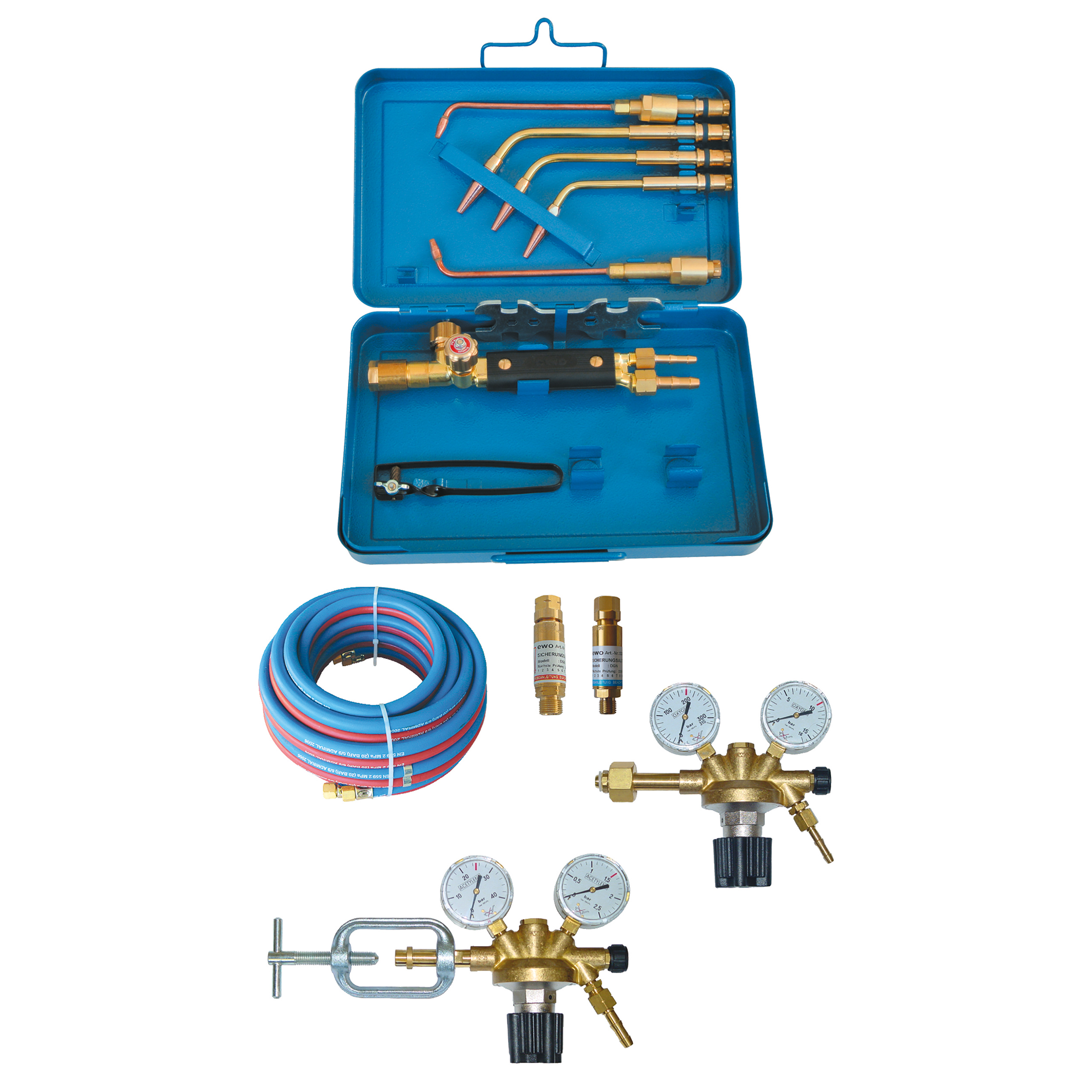 Oxy fuel set, 3 insert 1–6 mm, no wing cutting ins., block nozzle, 2 tube ins. 2–6 mm, 2 cylinder press. regulator, twin hose DN 6