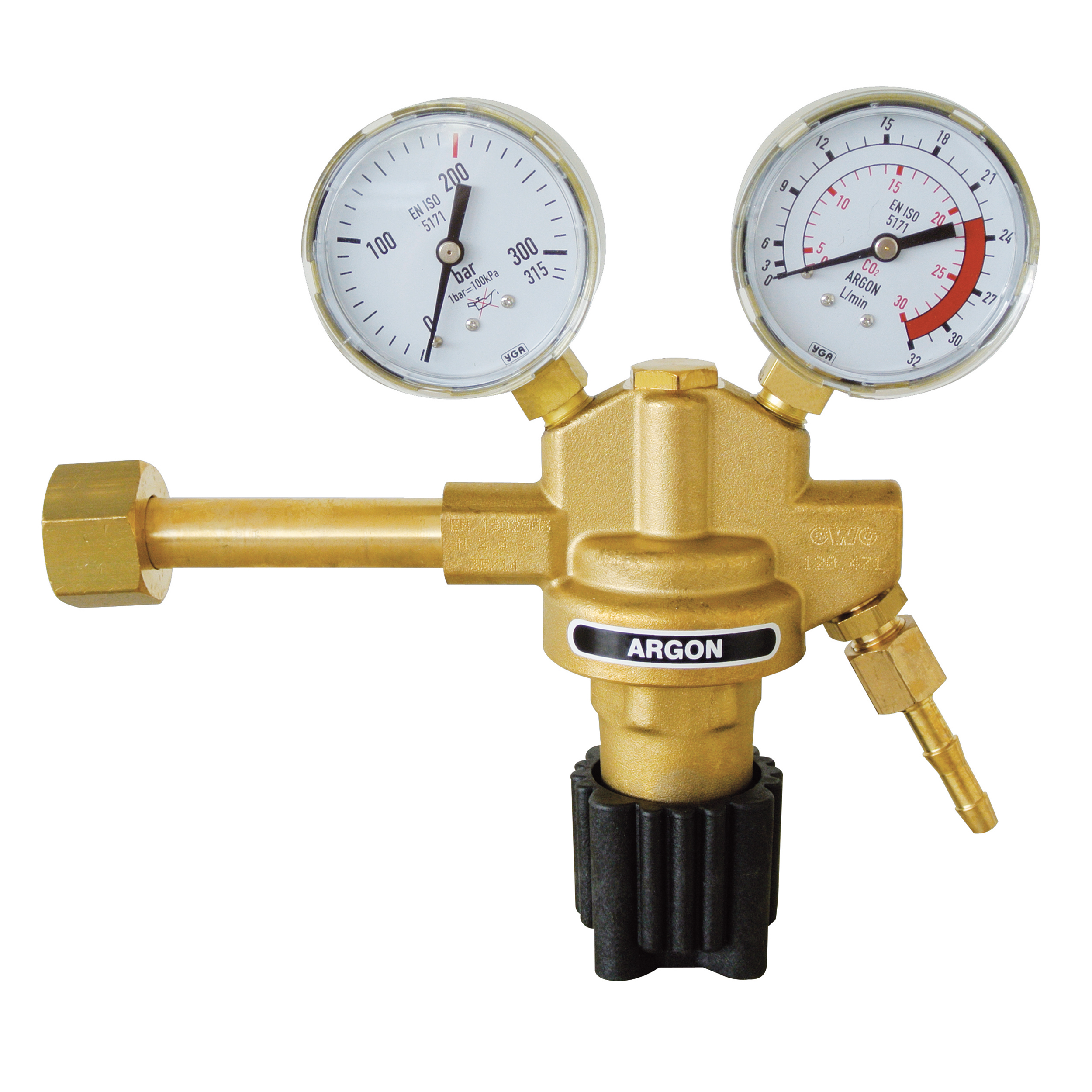 Pressure regulator , bottled gas, volume meter, single stage, non-flammable gas, Argon, carbon diox., gauge 0-22/32, W21,8x1/14"i