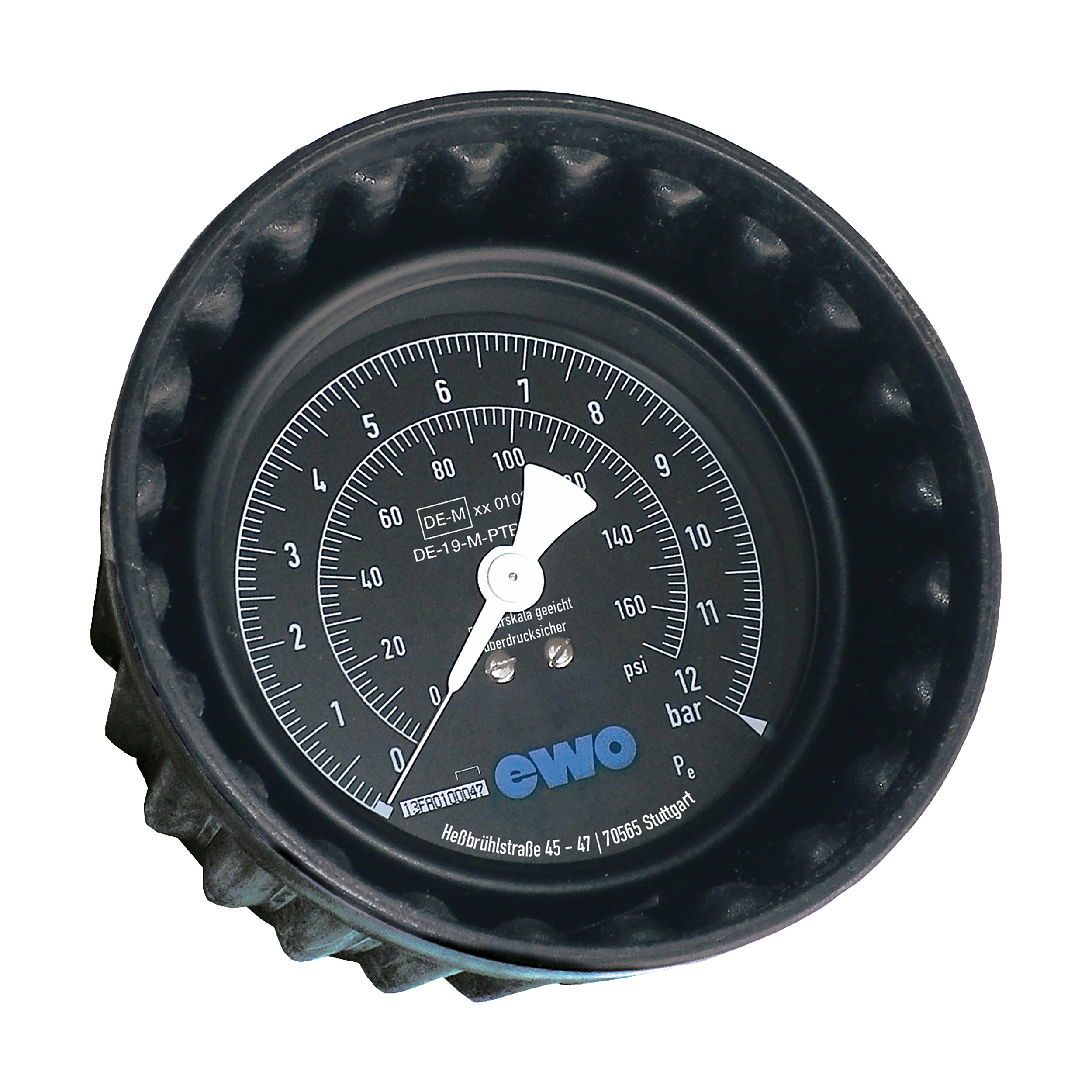 Manometer mit PE-Schutzkappe, Ø80 mm, 0–12 bar/0–170 psi, Doppelskala, Unterteilung 0,1 bar/0,2 psi, Überdrucksicher bis 15,6 bar