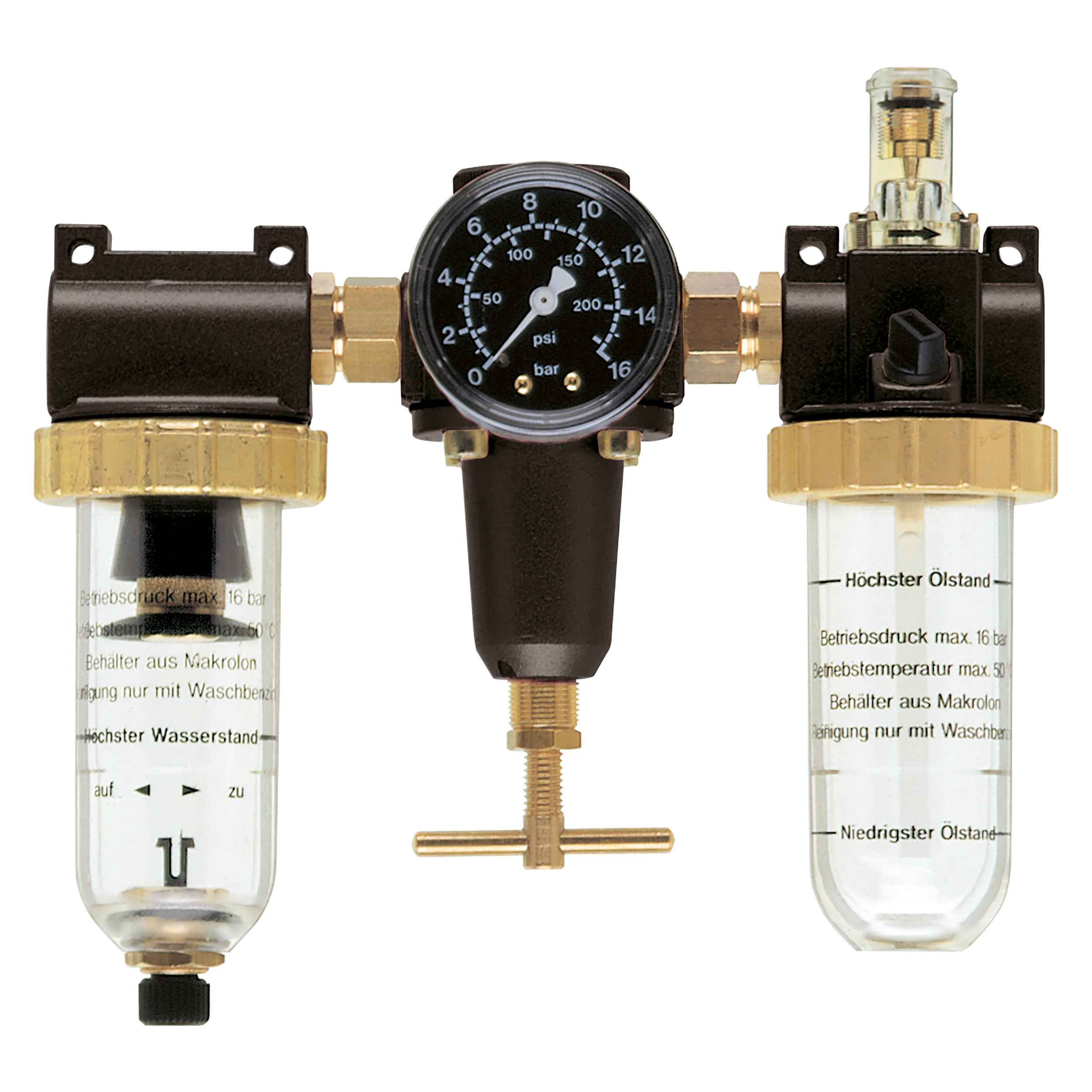 3-pcs maintenance unit, BG 30, G⅜, 7–145 psi, drain valve, gauge