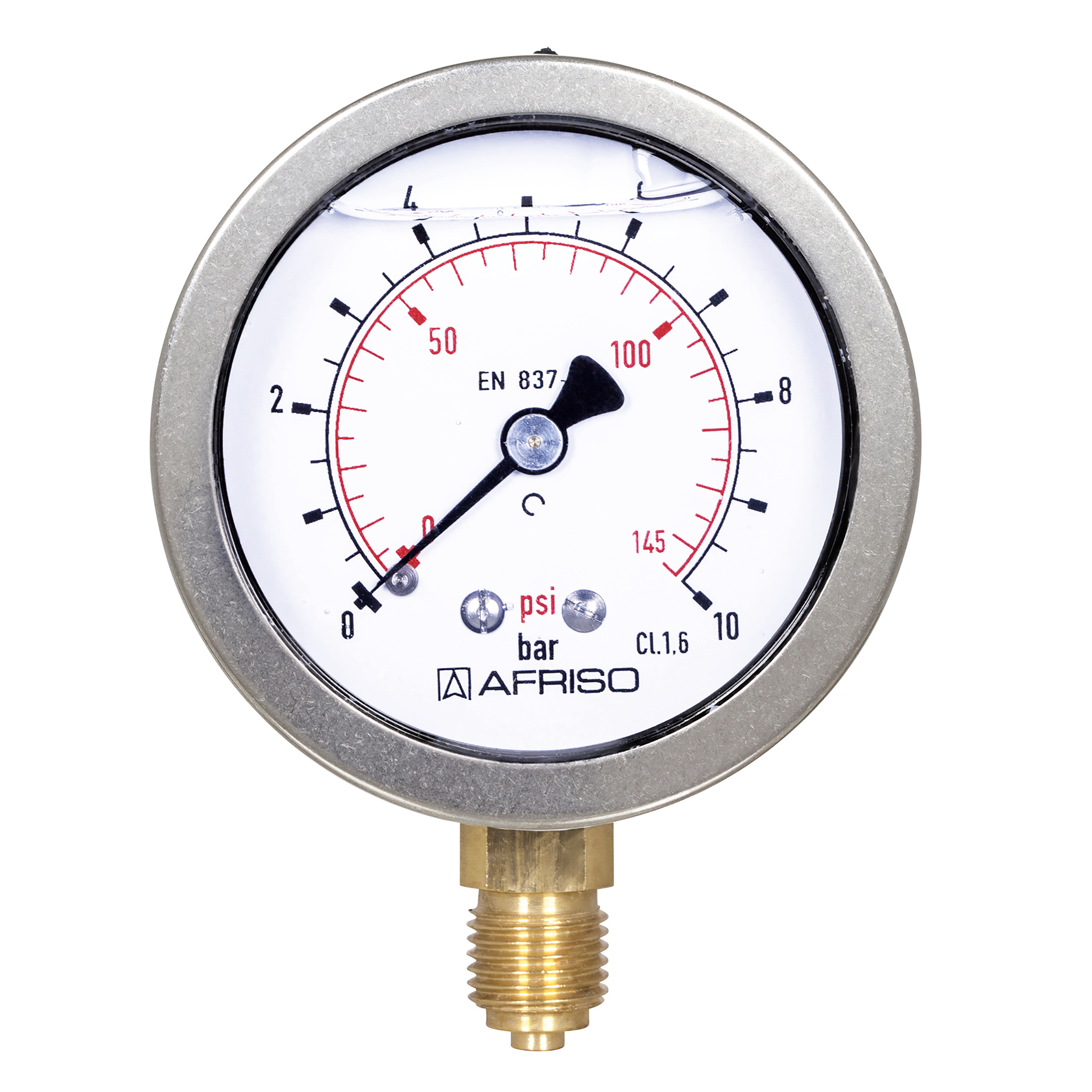 Glycerine pressure gauge Ø63, class 1.6, base/imprint: black/white/red, vertical connection: G¼, display range: 0–87 psi