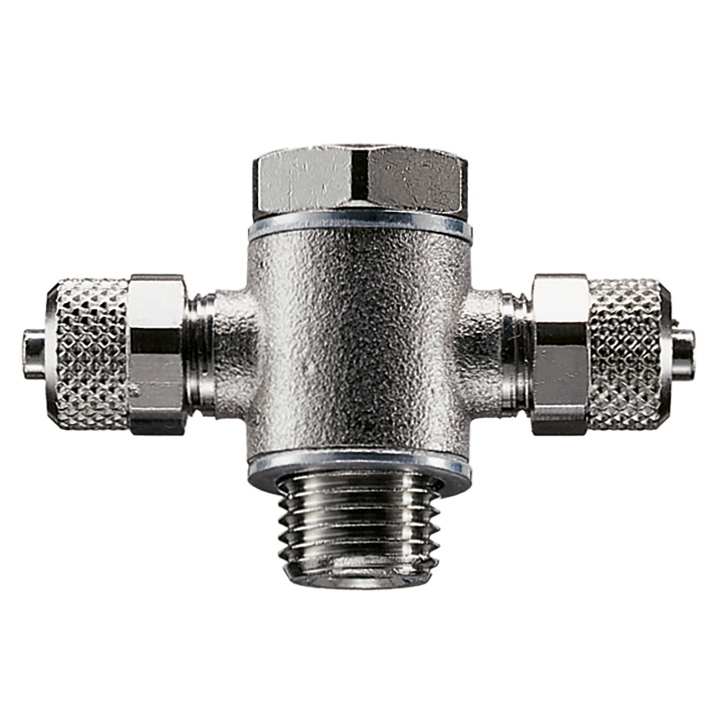 TEV - Swivel T-screw fitting, connection: G⅛, hose-Ø: D × d: 8 × 6, L: 58 mm, MOP 580 psi, brass, nickel-plated