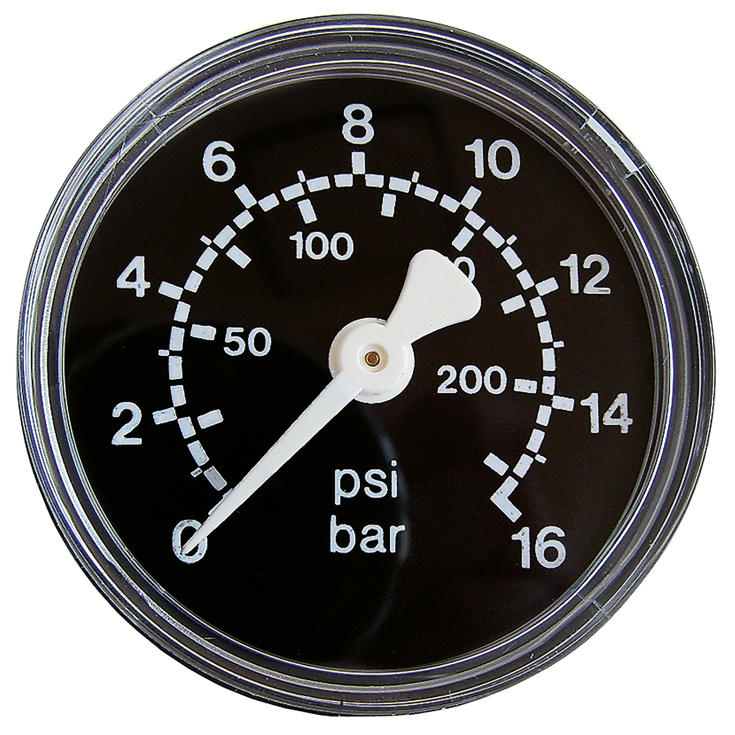Rohrfeder-Manometer Ø50, Kl. 2,5, schwarz/weiß, Anschluss waagrecht: G¼, Anzeige: 0–16 bar, Ersatzteil: Druckregler standard BG 30