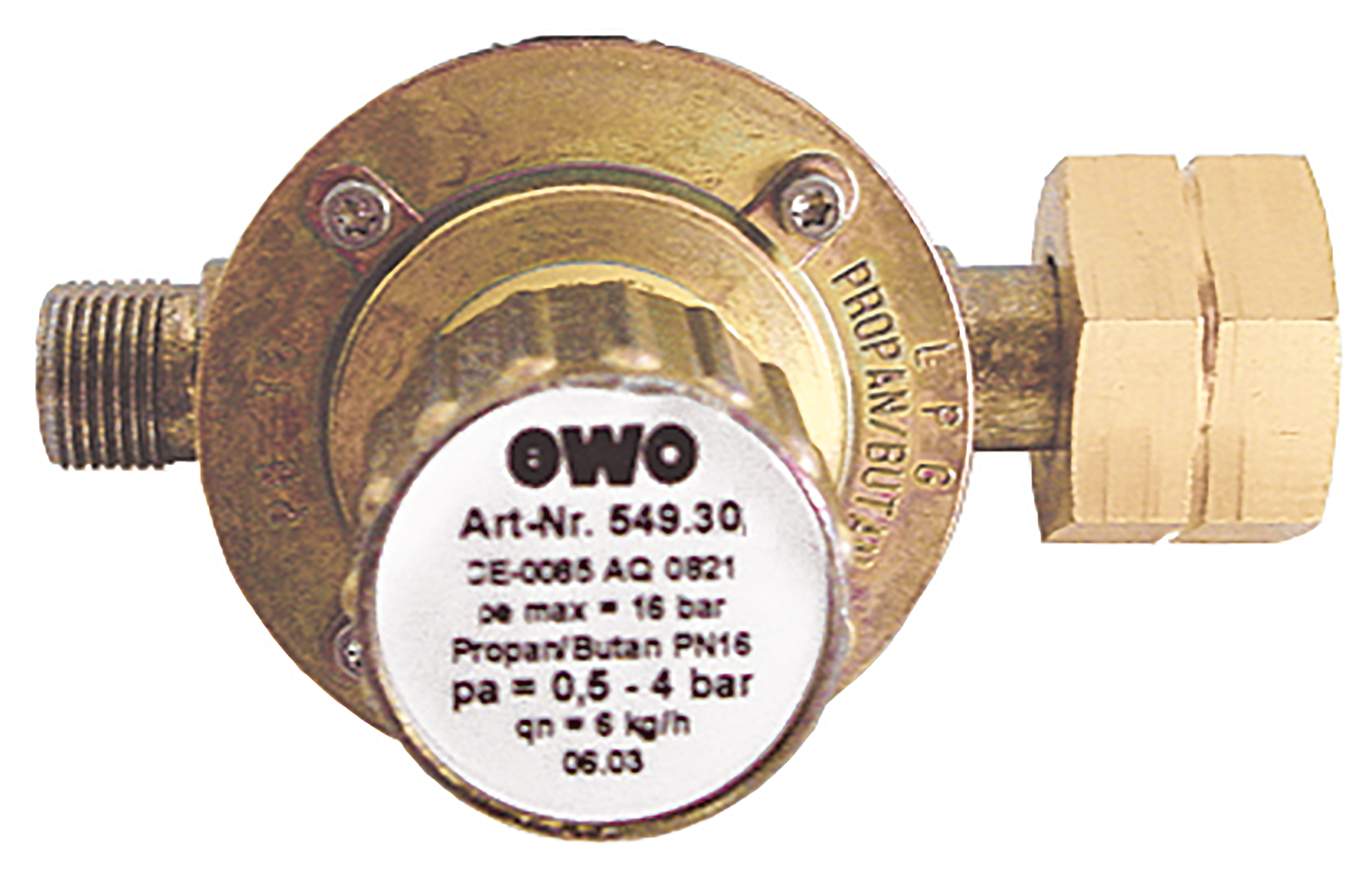 Middle pressure regulator with pressure scala, 0,5 - 4 bar, Combination-thread W 21,8 x 1/14 LH (Dispatch G 3/8 LH), Propane