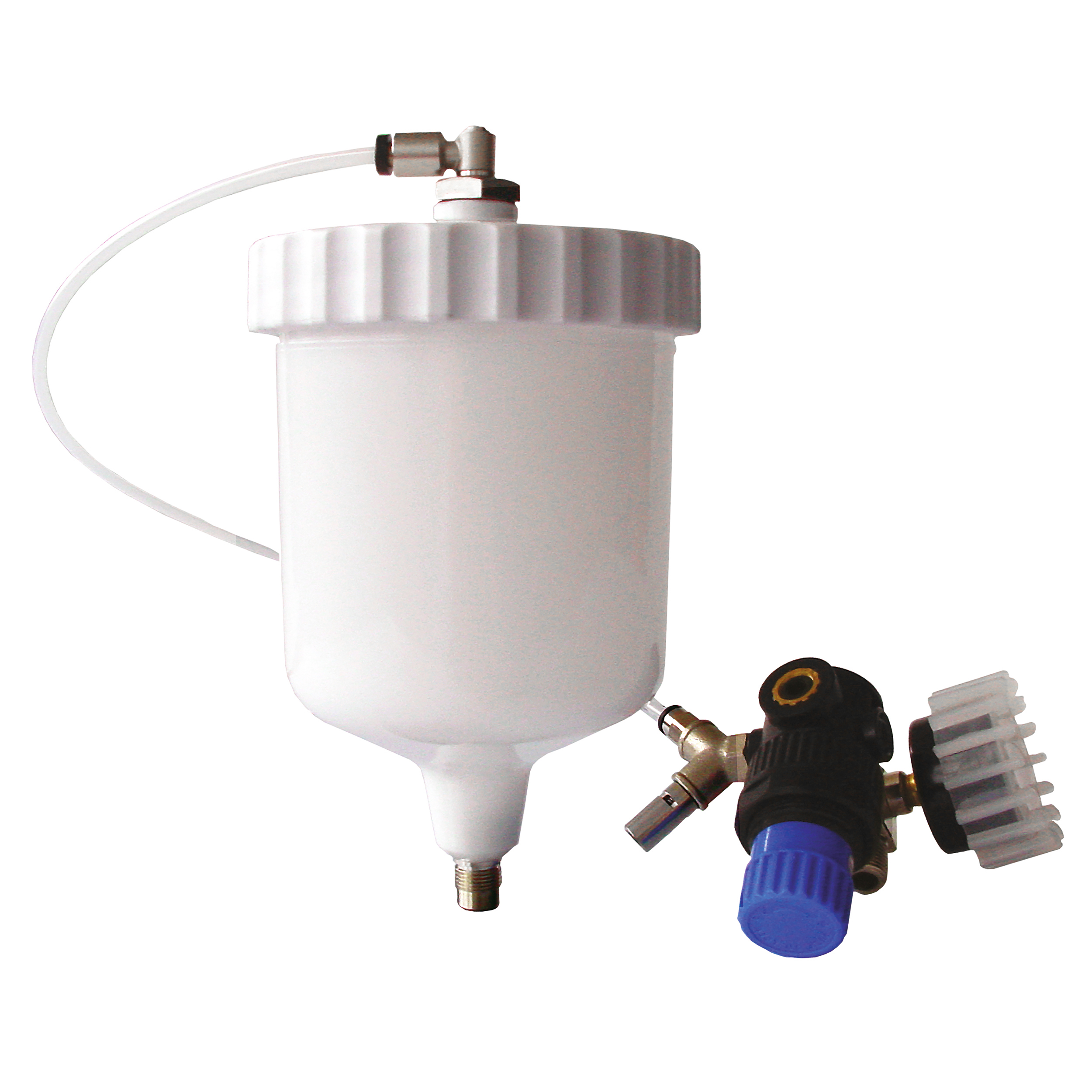 Pressure cup system: gravity cup 0.68 l, plastic, with lid, flow regulator 29 psi/2 bar, air throttle valve, pressure regulator