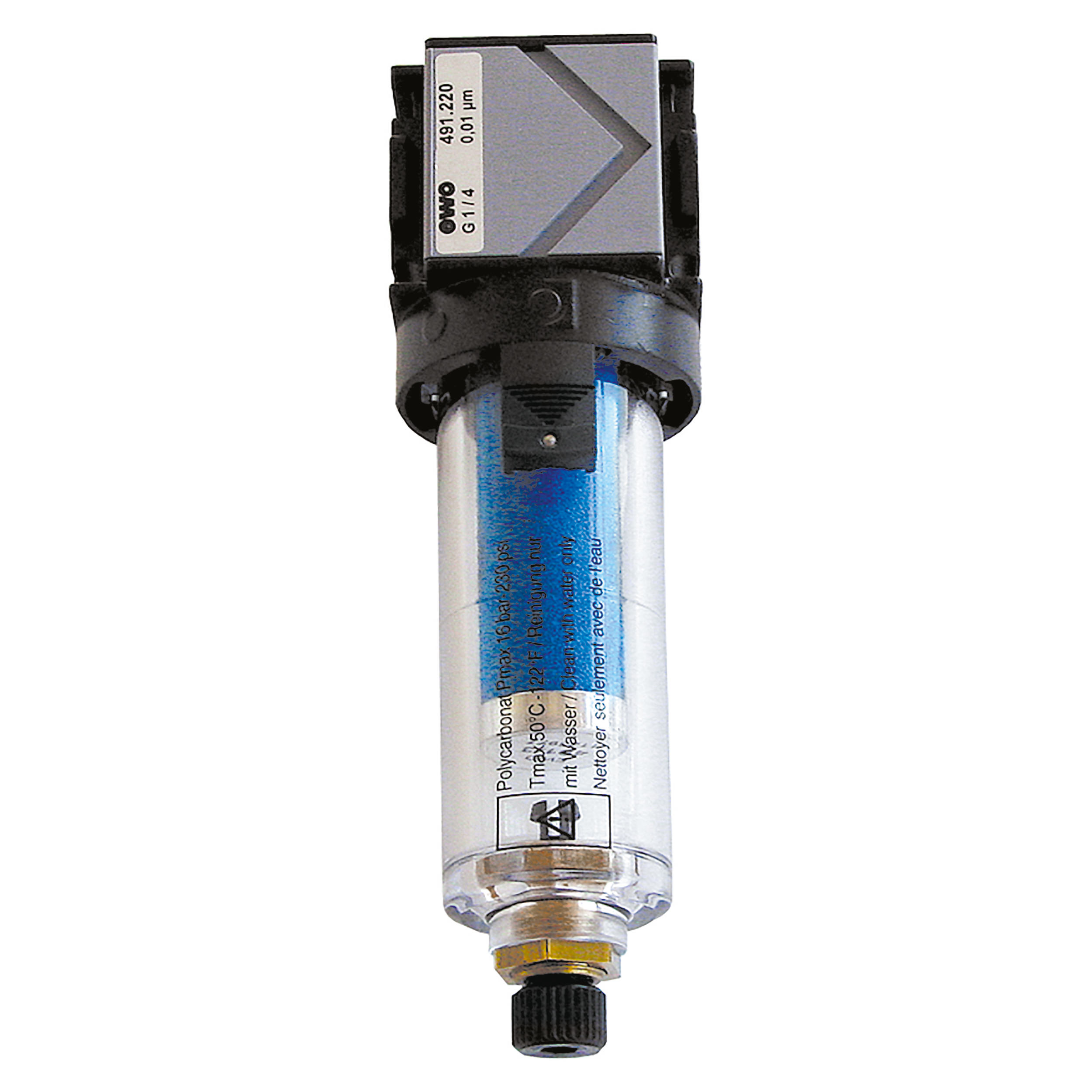 Microfilter type 491 variobloc, G¼, BG 20, without contamination indicator, semi-auto. drain valve, p₁: 0.5–20 bar