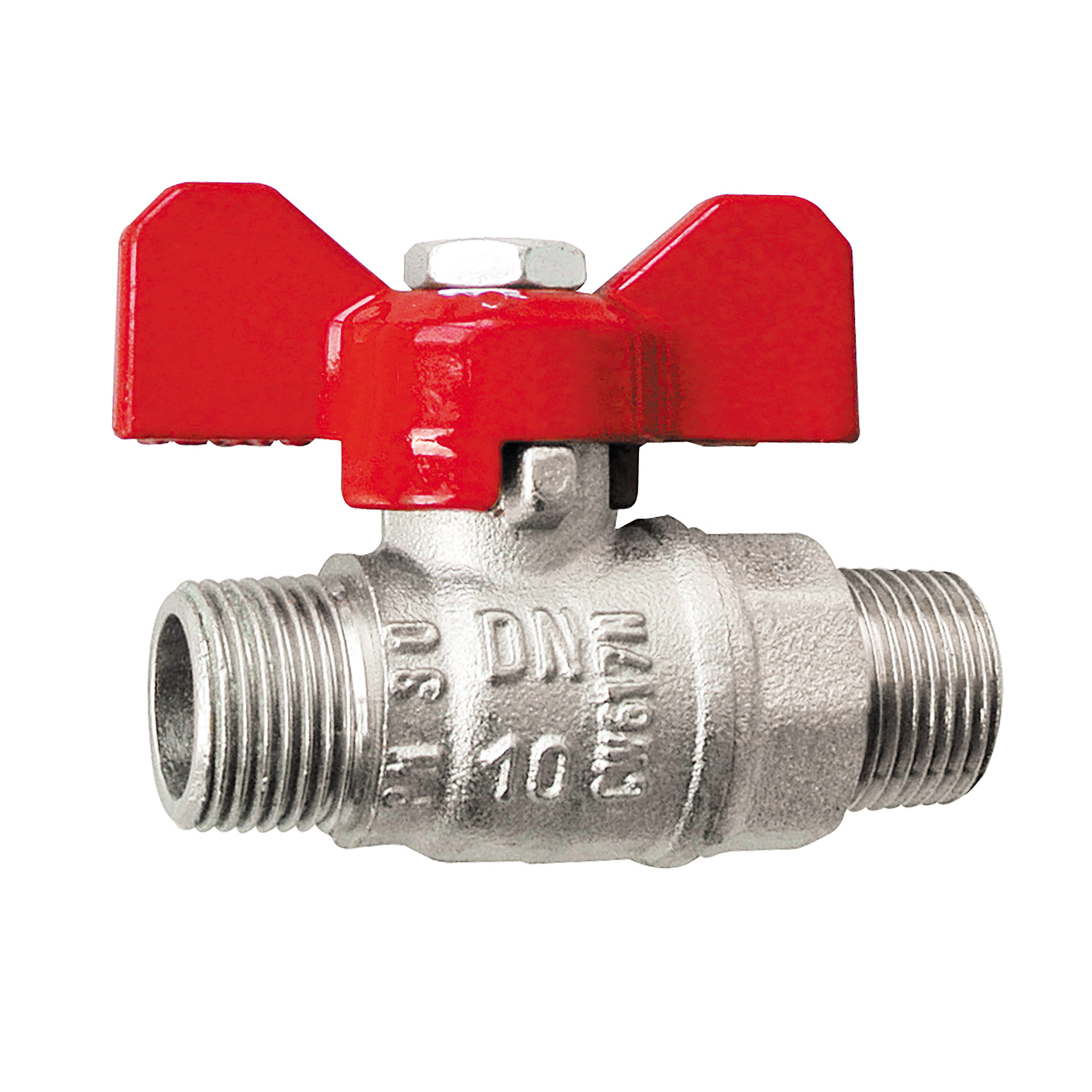 Mini ball valve, metal toggle, max. operating pressure: 435 psi, length: 56 mm, DN 10, connection thread: G⅜ male–male