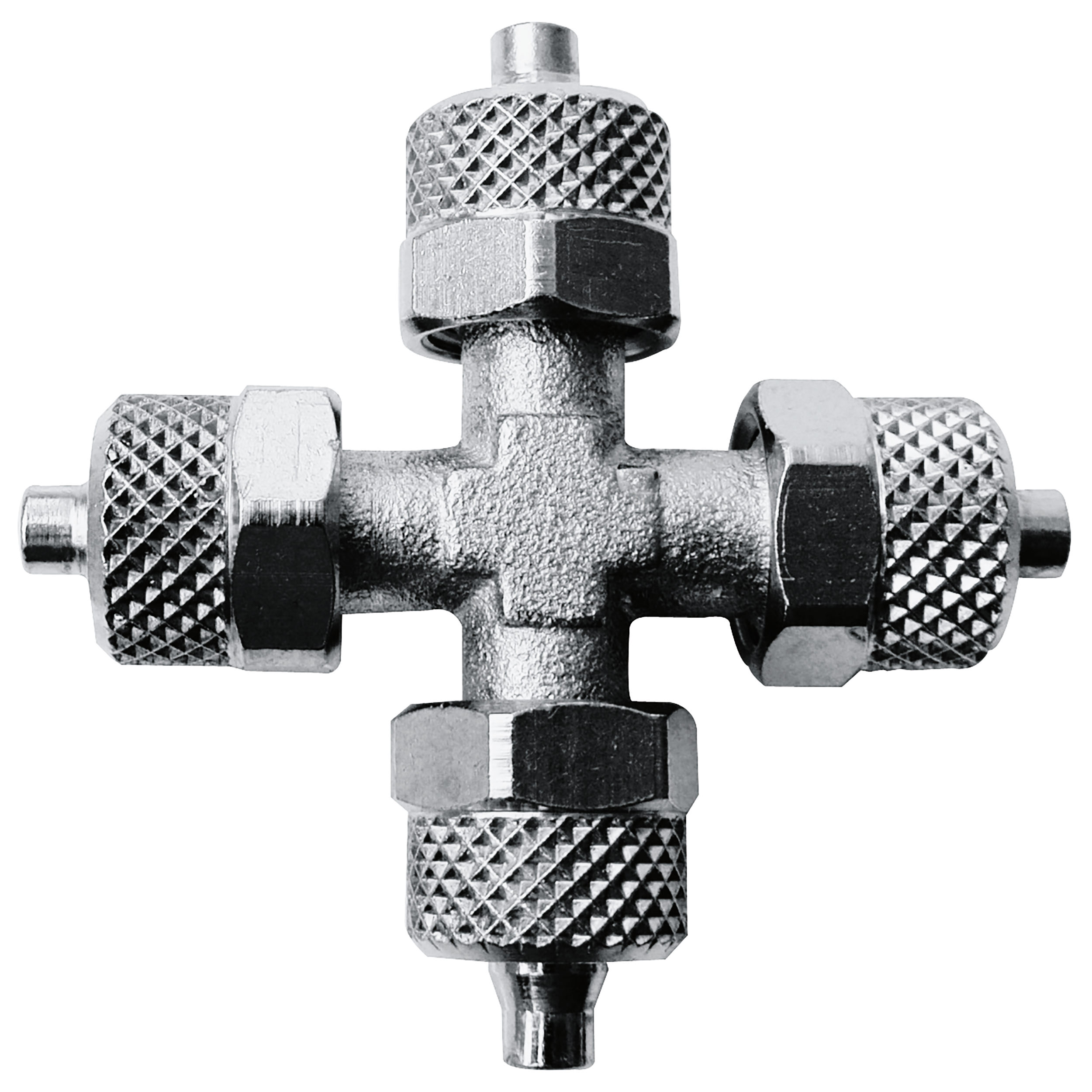 KV – Kreuz-Verteiler, Schlauch-Ø: D × d: 8 × 6, Länge: 48 mm, max. Betriebsdruck 40 bar, Messing, vernickelt