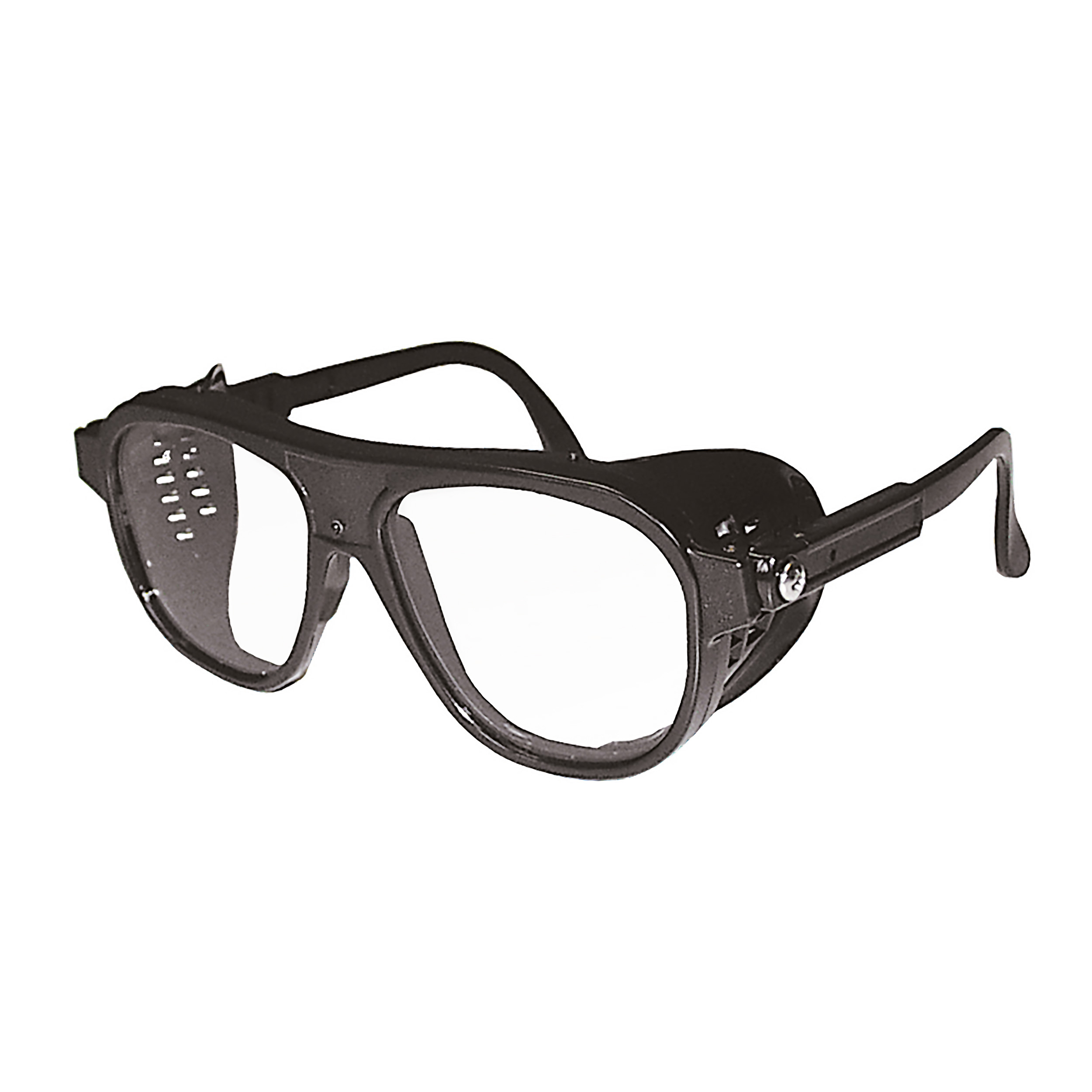 Nylonbrille, schwarz, mit Mittelschraube und längenverstellbarem Bügel, Gläser oval 52x62mm, farblos, splitterfrei