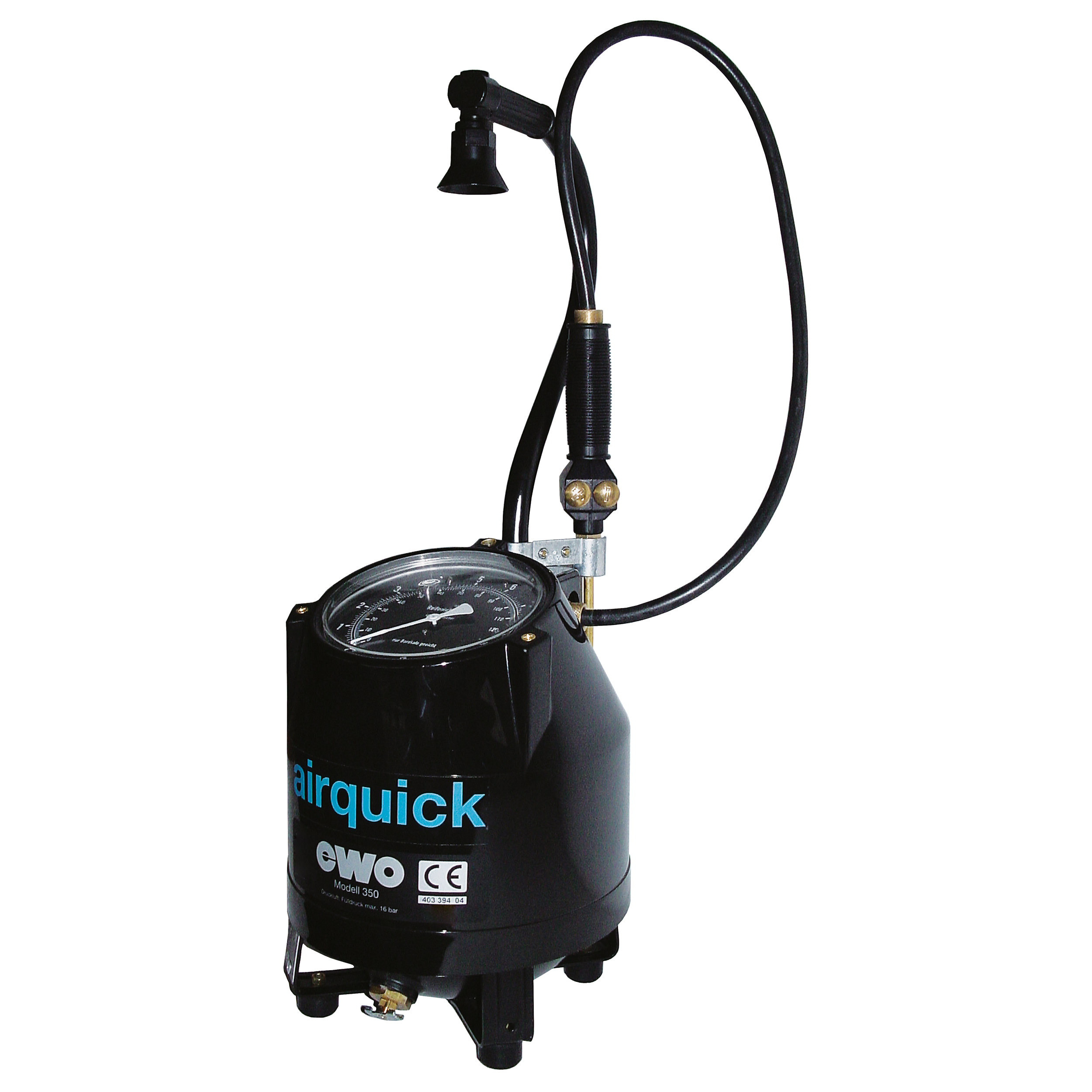 Portable tire inflator airquick, air tank 6 litre, gauge Ø160 mm, filling valve, 0–145 psi, twin hold-on connector, uncalibr.