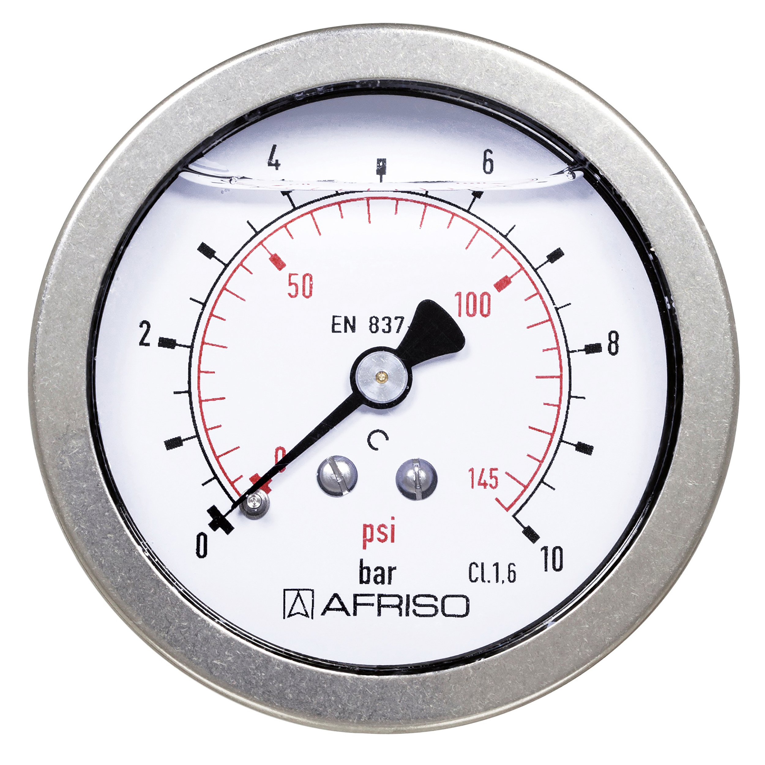 Glycerine pressure gauge Ø63, class 1.6, base/imprint: black/white/red, horizontal connection: G¼, display range: 0–362.5 psi