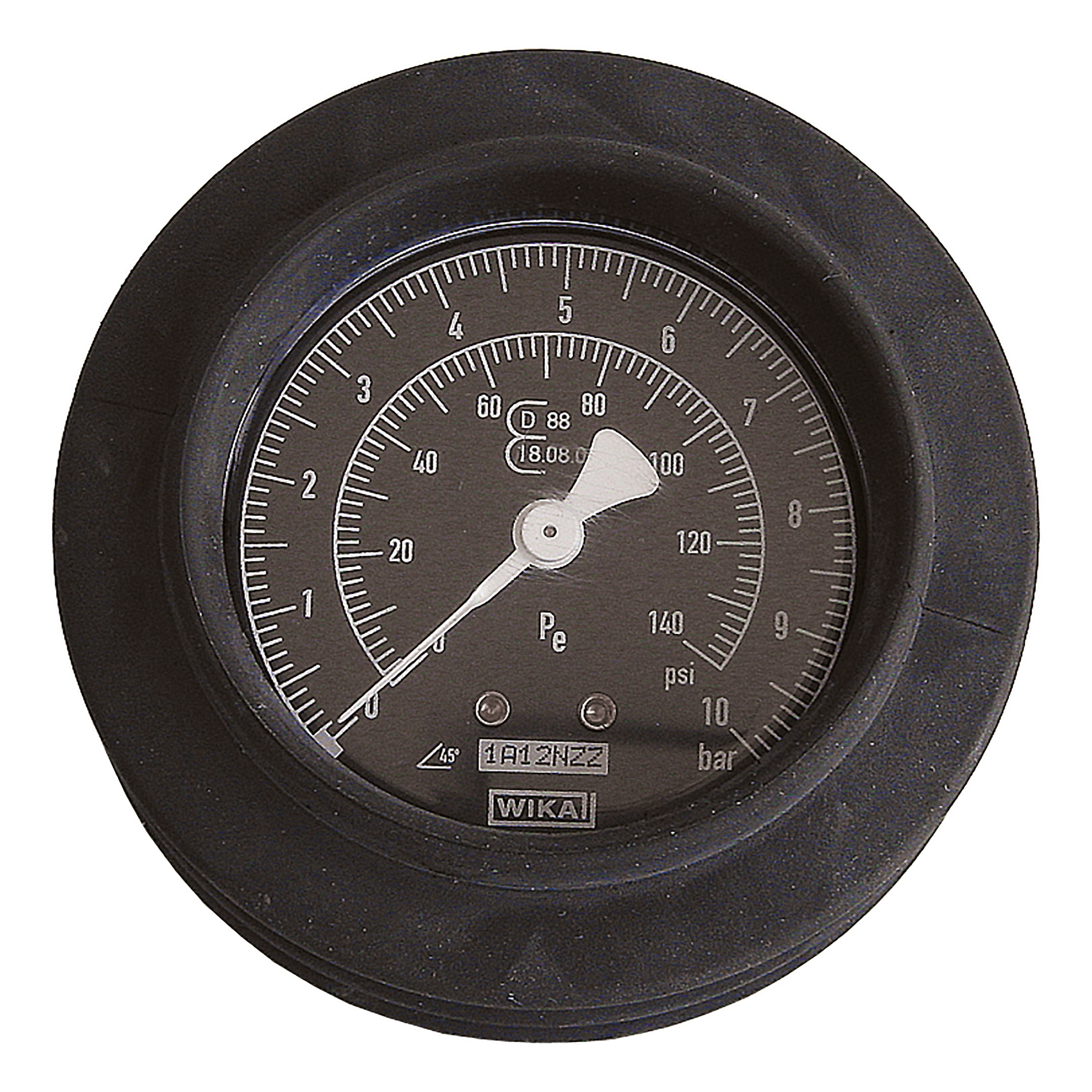 Manometer, Ø63 mm, 0–10 bar/0–140 psi, Doppelskala, Anschlussgewinde: G¼, Anschluss waagrecht, mit Eichzulassung, mit Schutzkappe