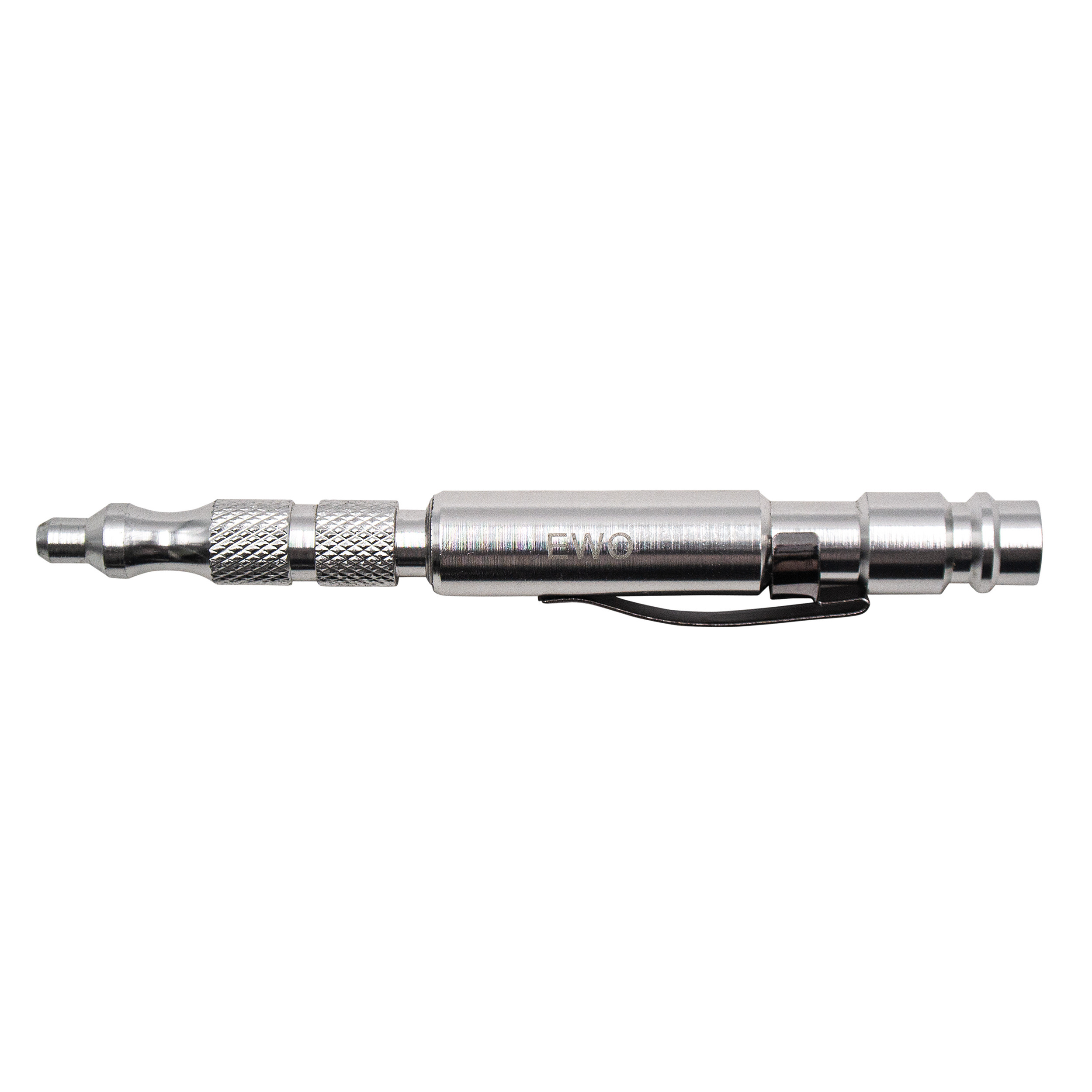 Ausblasestift, Aluminium, eloxiert, regulierbar Ø0–3 mm, empf. 1–6 bar, Kupplungsstecker DN 7,2 integriert, Anhänge-Clip