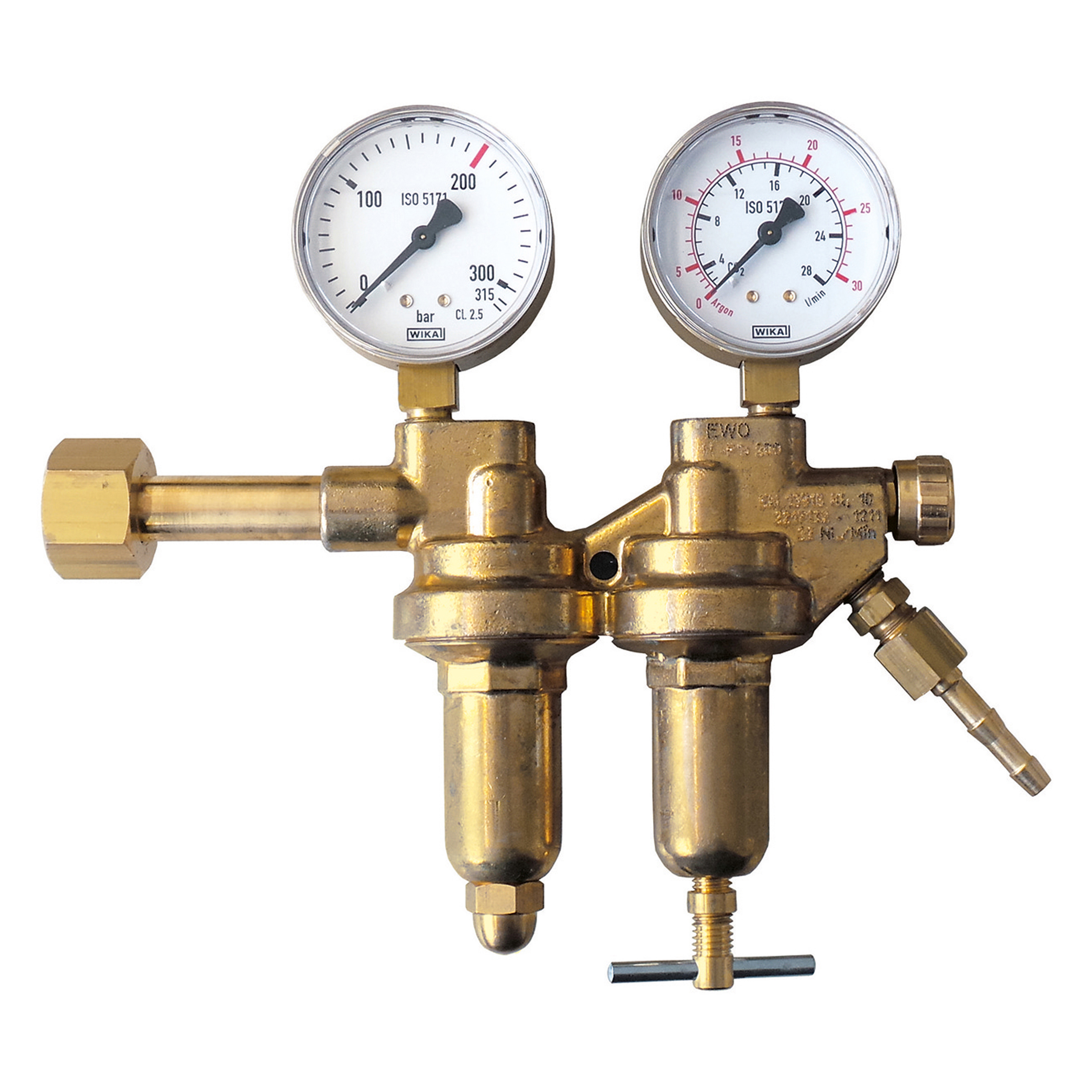Pressure regulator , bottled gas, volume meter, single stage, two-stage, non-flammable gas, Argon, carbon diox., gauge 0-22/32