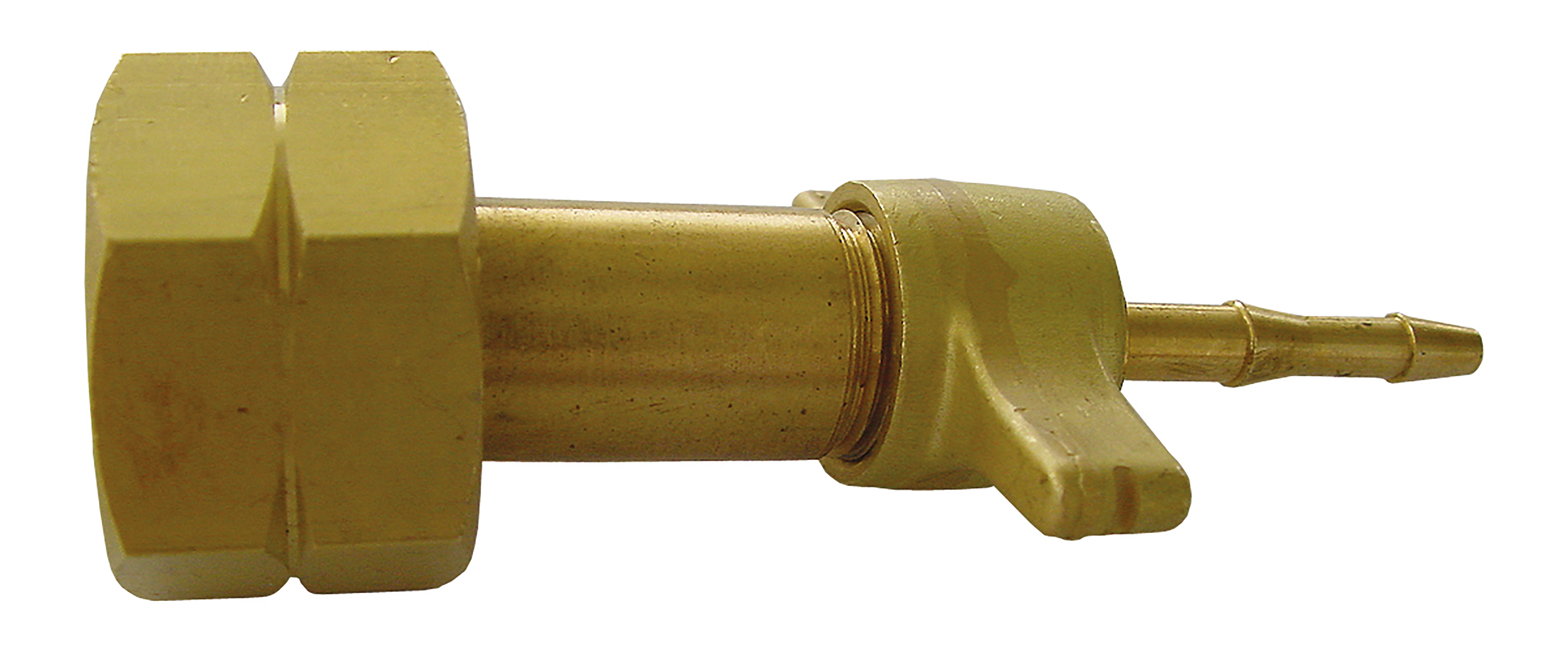 Connecting piece for propane tanks, combined connector: W 21.8 × 1/14”, connection outlet: G⅜ LH male with wing nut