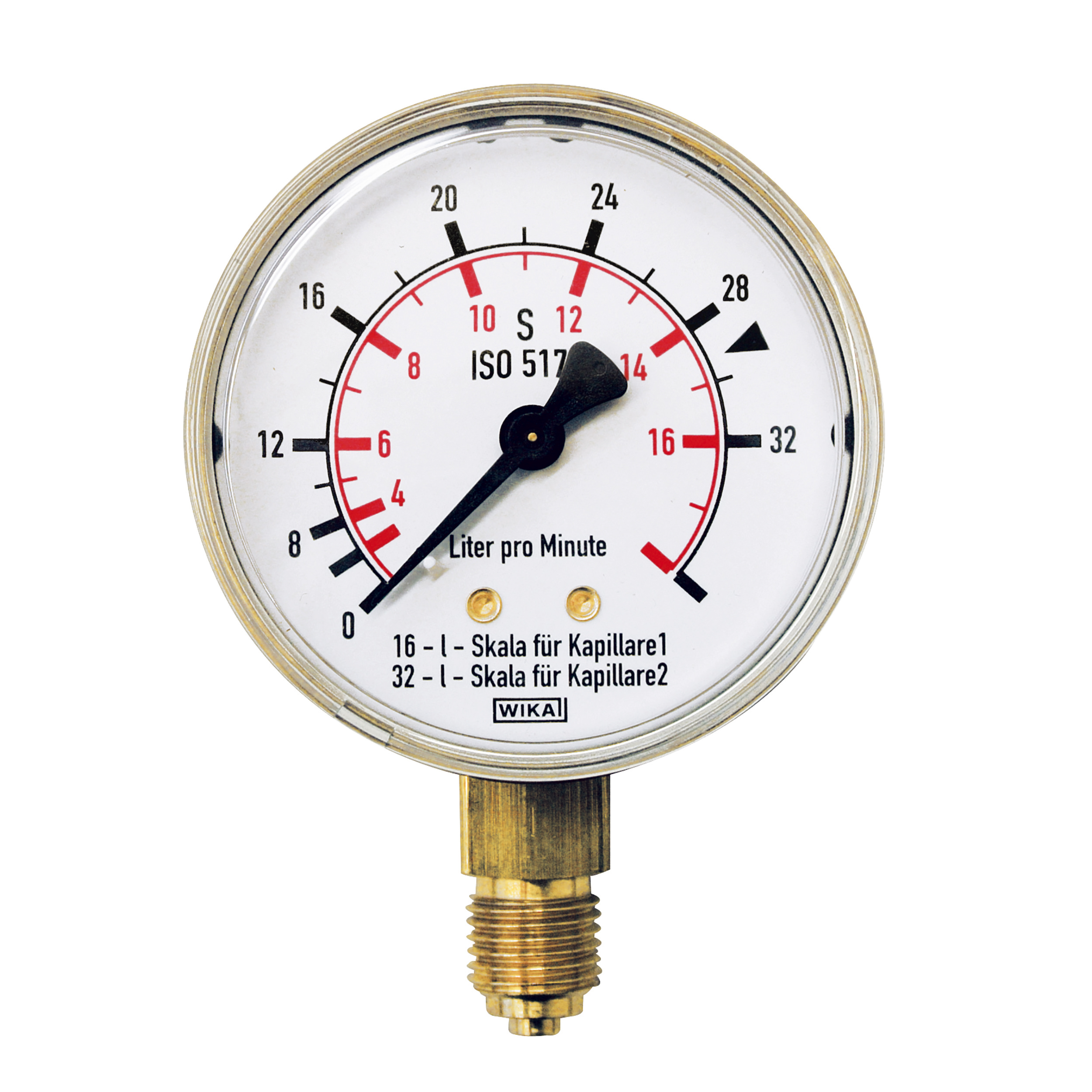 Gauge for gas in cylinders, Ø63, black/white + red, vertical connect., G¼, inner scale: 0–16 / outer scale: 0–32 l/min