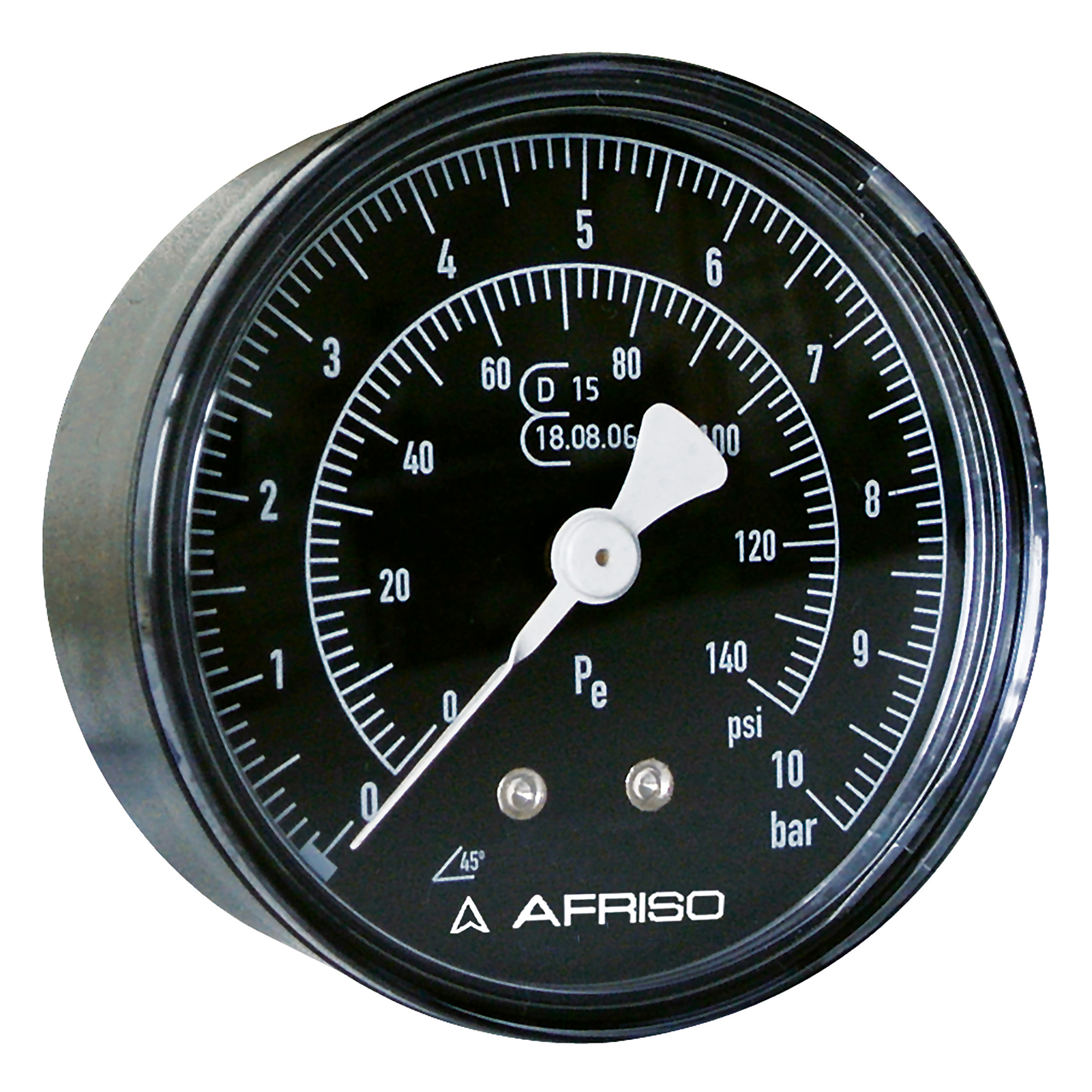 Manometer, Ø63 mm, 0–10 bar/0–140 psi, Doppelskala, Güteklasse 1,6, G¼, Anschluss waagrecht, ohne Eichzulassung, ohne Schutzkappe