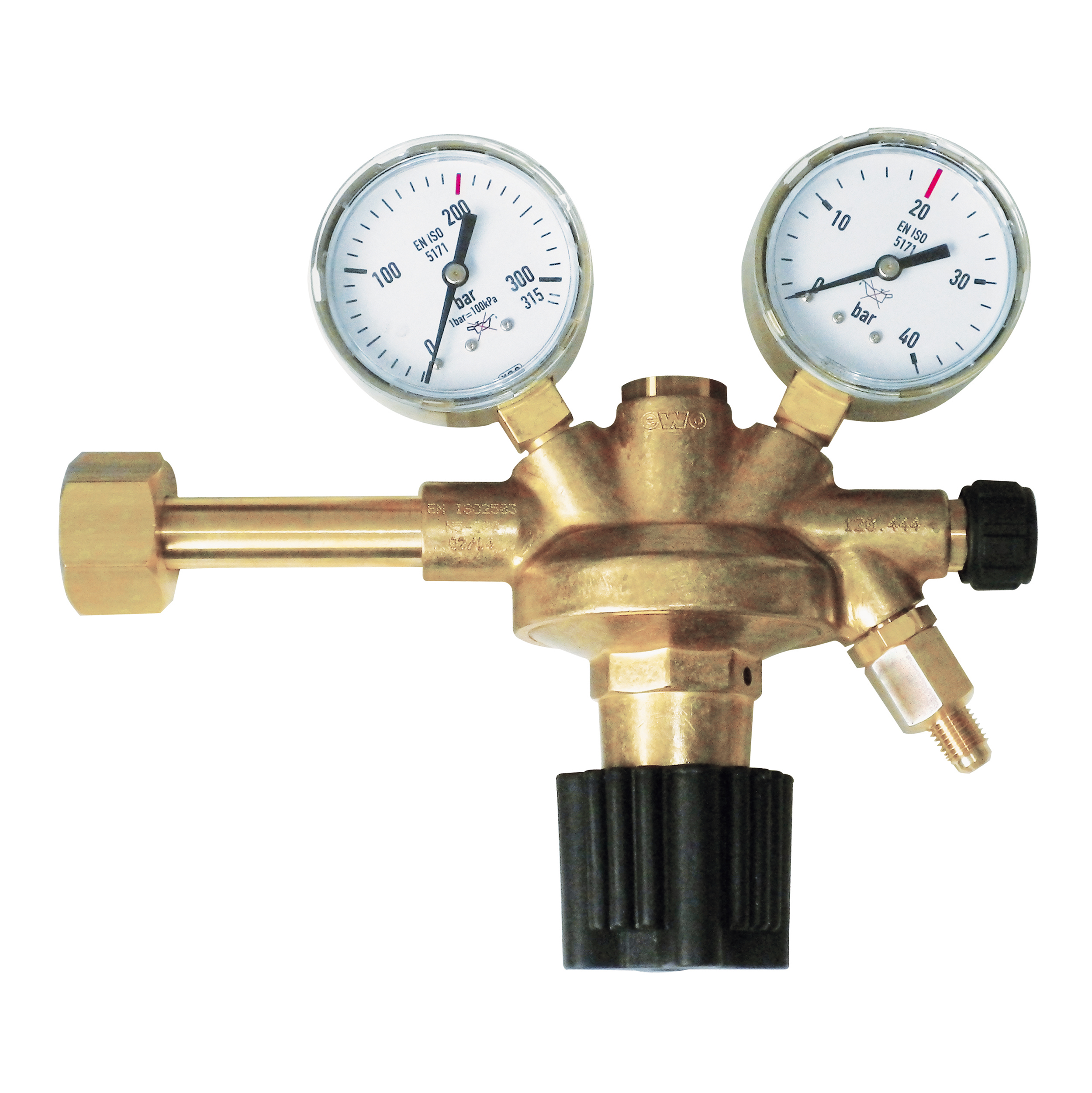 pressure regulator nitrogen, W21,8x1/14", 20 bar, 1/4"a SAE, with shut-off valve, handwheel