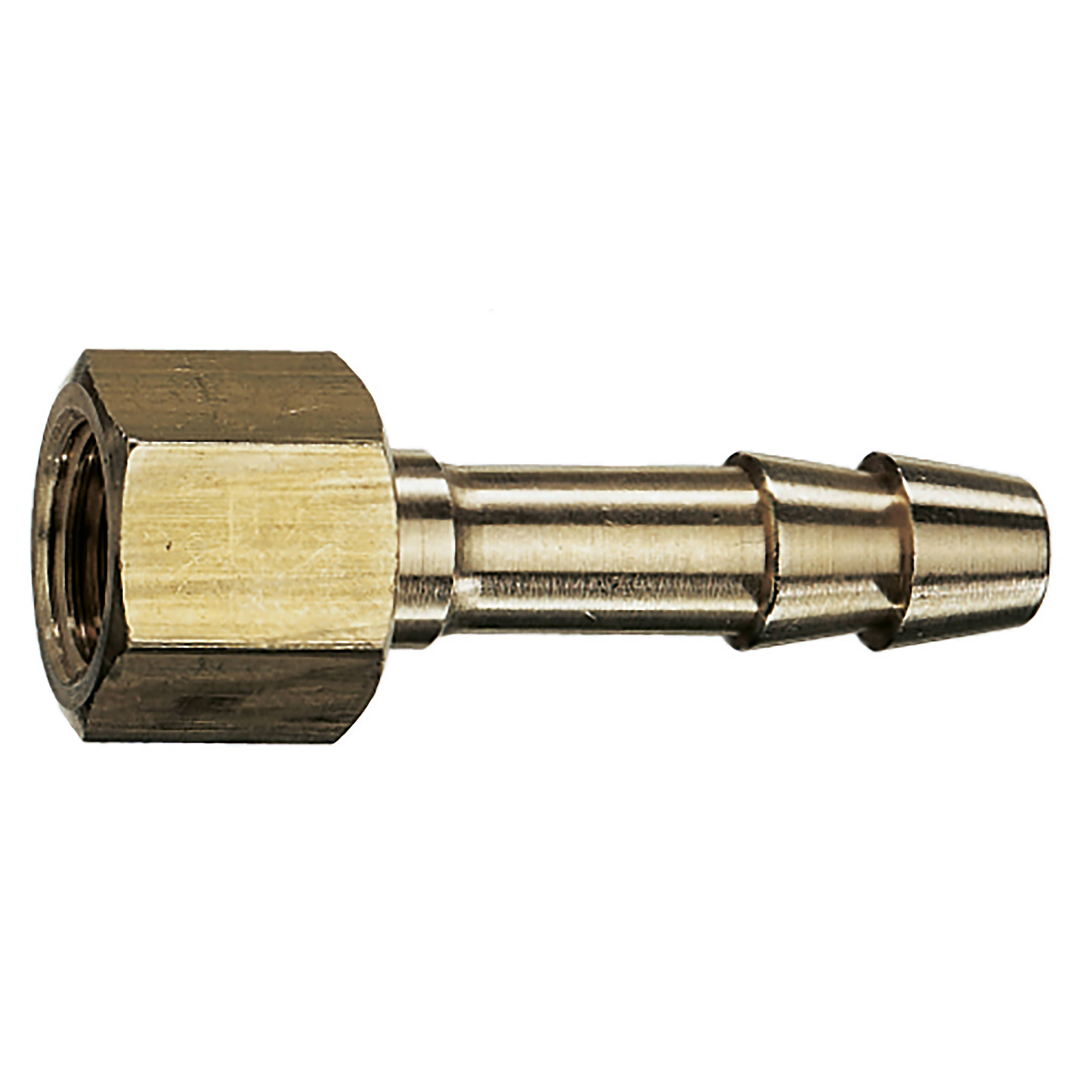 Detachable hose connection, G⅜ female, DN 6, L: 43 mm, AF 19 mm, two-pieces, hose nozzle with ball seal, union nut with hexagon