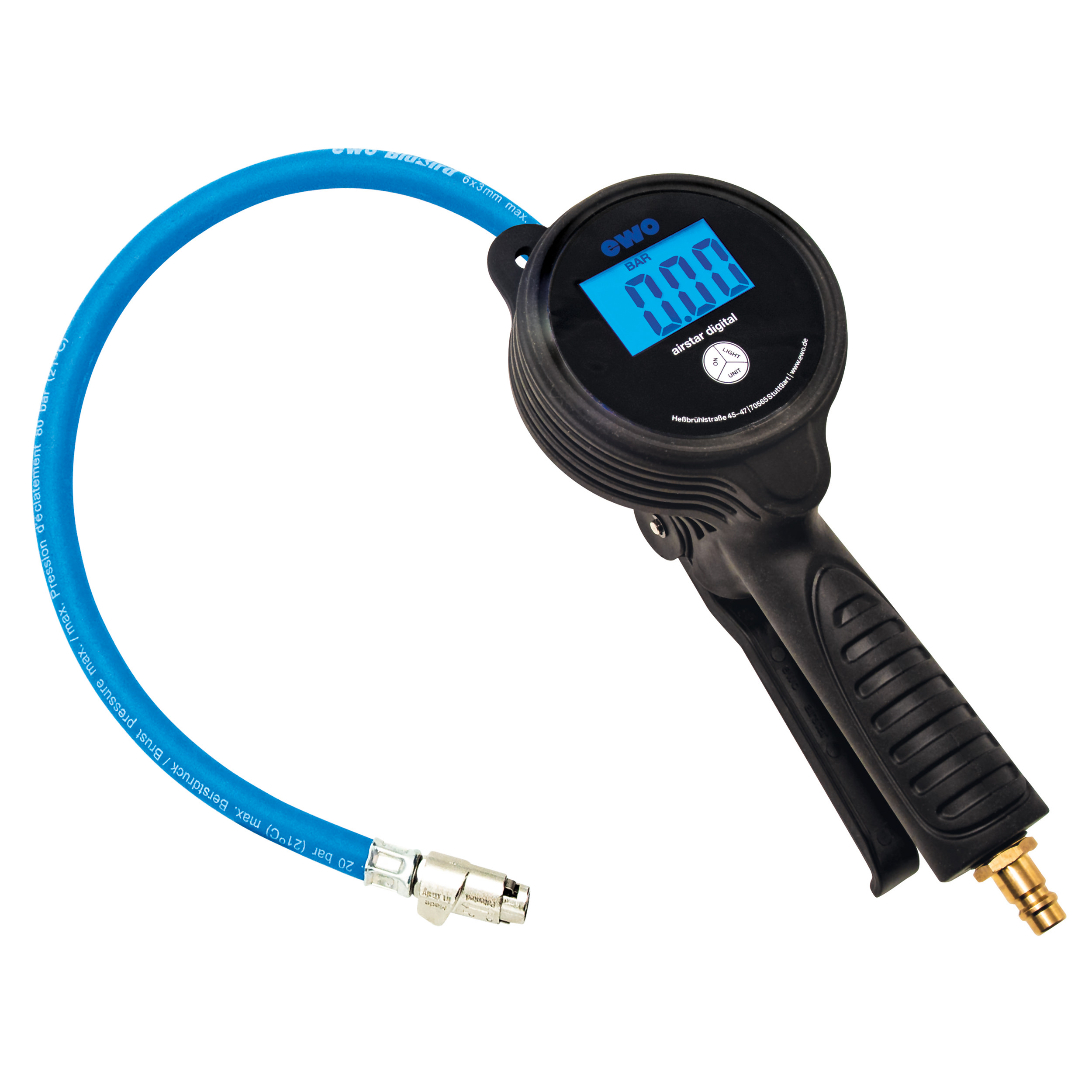 Tire inflator airstar digital, quick connector, hose: 0.5 m, gauge Ø80 mm, meas. range 12 bar, without conformity assess.